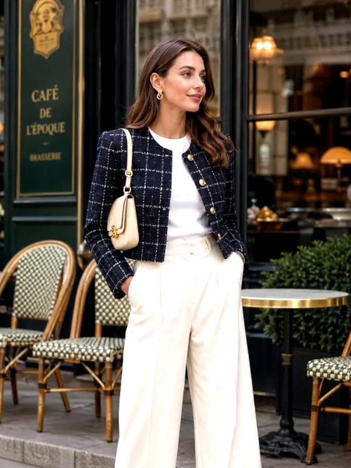 Padu padan jaket tweed navy dengan celana krem